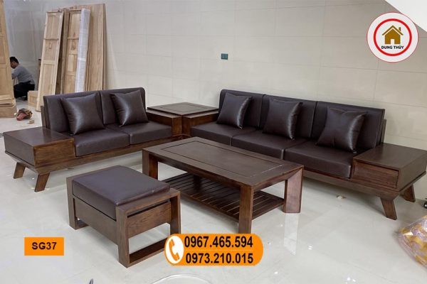 sofa 2 văng chân oải gỗ sồi Nga kèm đệm da SG37