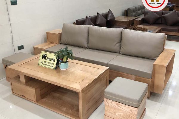 sofa 3 ngăn kéo gỗ sồi bọc da