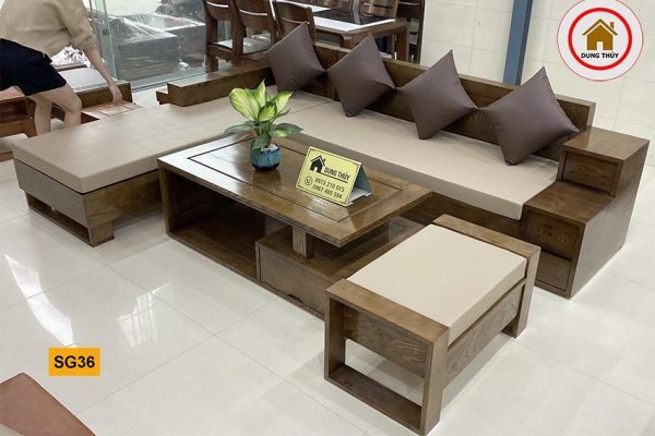 sofa góc chữ L gỗ sồi Nga 3 ngăn kéo SG36