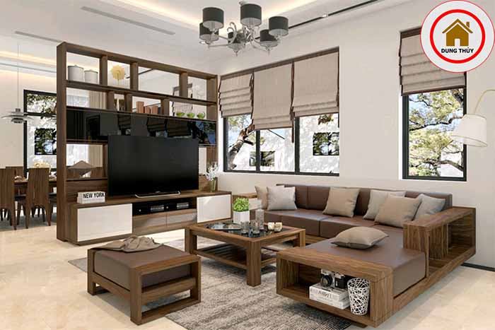 thiết kế phòng khách sử dụng đồ gỗ tự nhiên