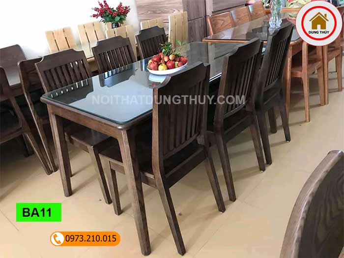 Bàn ăn 6 ghế chữ nhật chân nhỏ gỗ sồi Nga BA11