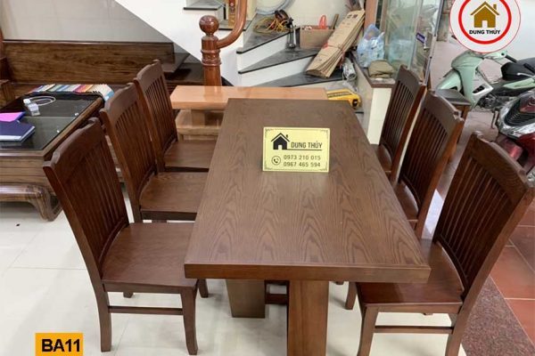 Bàn ăn 6 ghế chữ nhật chân nhỏ gỗ sồi Nga BA11