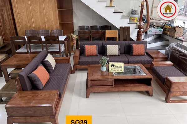 sofa 2 văng chân quỳ gỗ sồi nệm nỉ chám