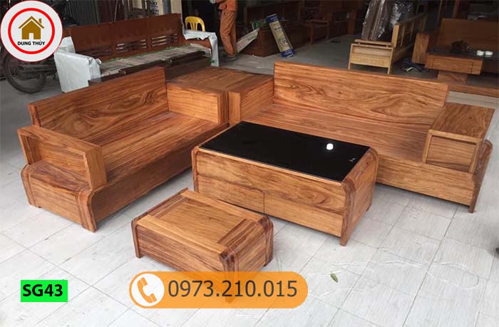 Bộ ghế sofa 2 văng chân cong gỗ hương xám cao cấp SG43