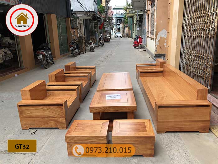 Bộ ghế đối tay vuông 9 món gỗ gõ đỏ Pachy cao cấp GT32