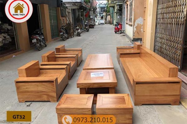 Bộ ghế đối tay vuông 9 món gỗ gõ đỏ Pachy cao cấp GT32