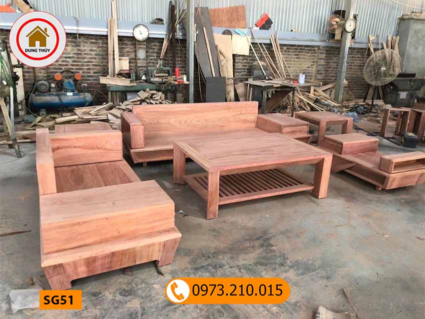 Bộ ghế sofa 2 văng chân vát gỗ gõ đỏ SG51