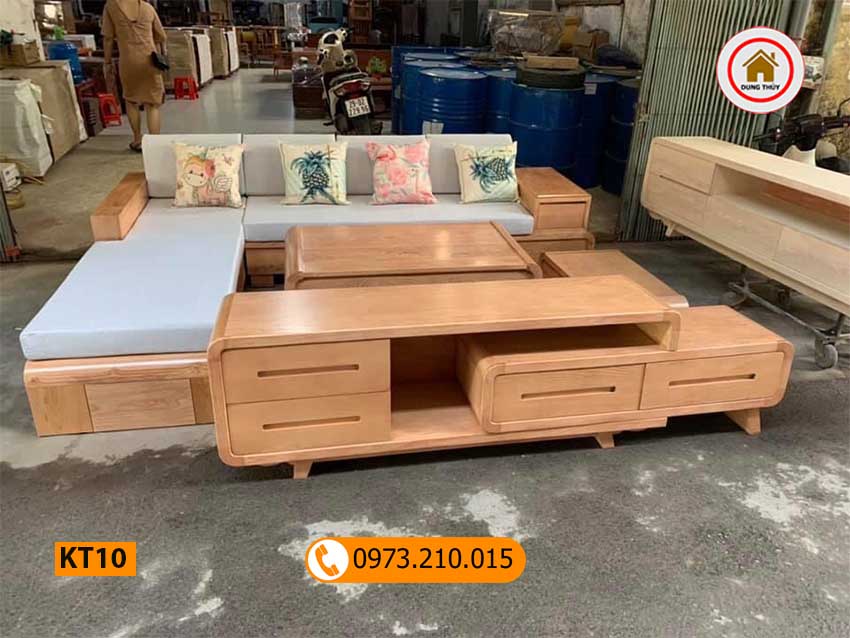 Kệ tivi chân oải cuốn góc 4 ngăn kéo gỗ sồi Nga KT10