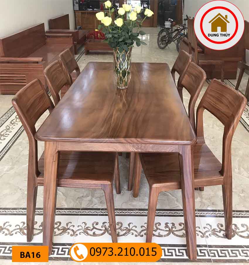 Bộ bàn ăn 6 ghế mặt chữ nhật gỗ me tây BA16