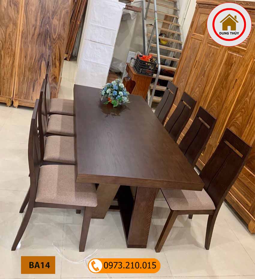 Bàn ăn 8 ghế mặt bàn liền hình chữ nhật gỗ sồi Nga BA14