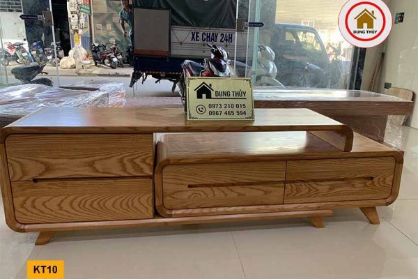 Kệ tivi chân oải cuốn góc 4 ngăn kéo gỗ sồi Nga KT10