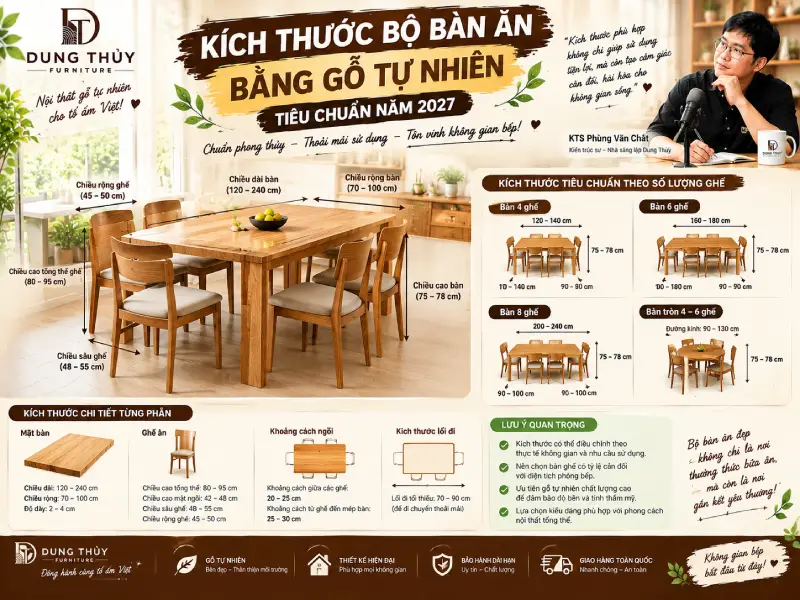 Kích thước bộ bàn ăn bằng gỗ tự nhiên tiêu chuẩn