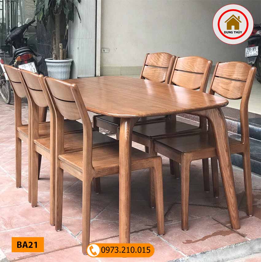 Bộ bàn ăn 6 ghế gỗ sồi Nga mặt bầu dục 4 chân BA21