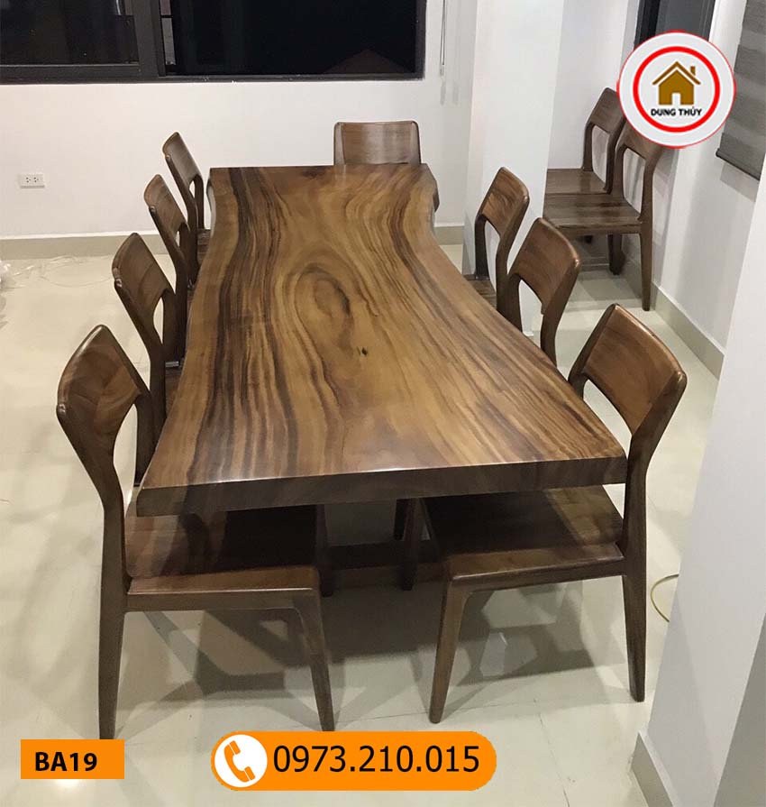 Bộ bàn ăn nguyên tấm 8 ghế gỗ me tây BA19