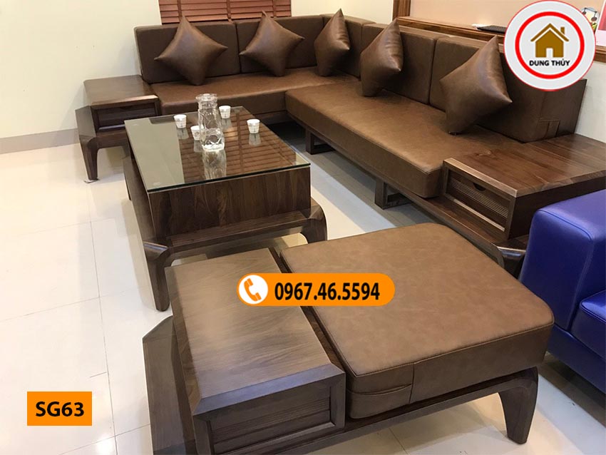bộ ghế sofa gỗ góc chữ L gia đình gỗ óc chó SG63