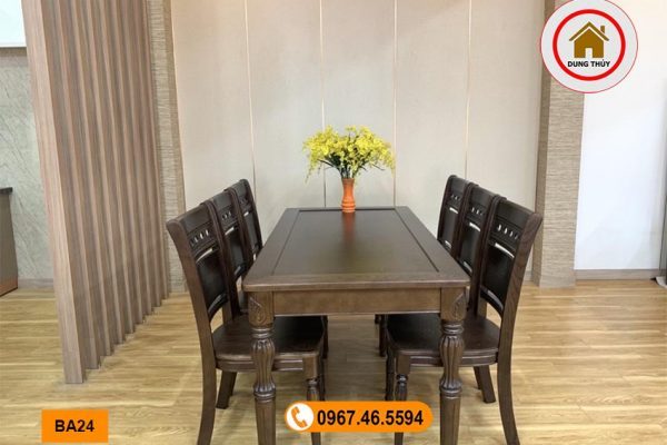 Bộ bàn ăn 6 ghế hoa văn mặt chữ nhật gỗ sồi Nga BA24
