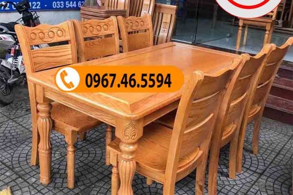 Bộ bàn ăn 6 ghế hoa văn mặt chữ nhật gỗ sồi Nga BA24