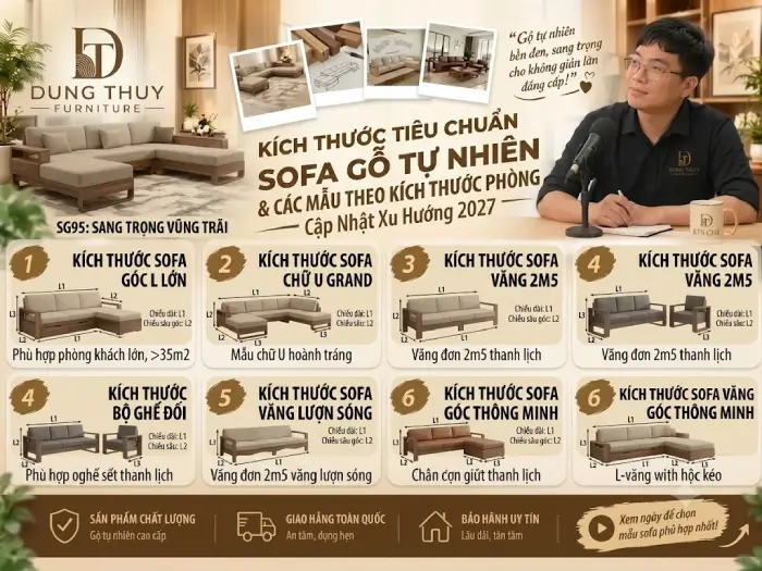 Kích thước tiêu chuẩn sofa gỗ tự nhiên & Các mẫu theo kích thước phòng