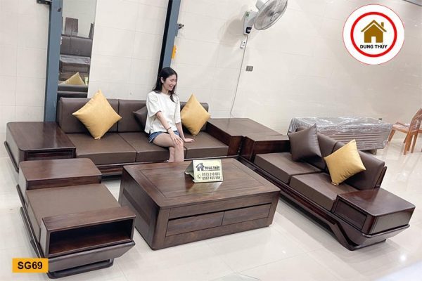 Bộ ghế sofa 2 văng chân thuyền vát gỗ hương xám SG69