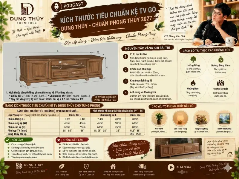 Kích thước tiêu chuẩn của kệ tivi gỗ cho phòng khách