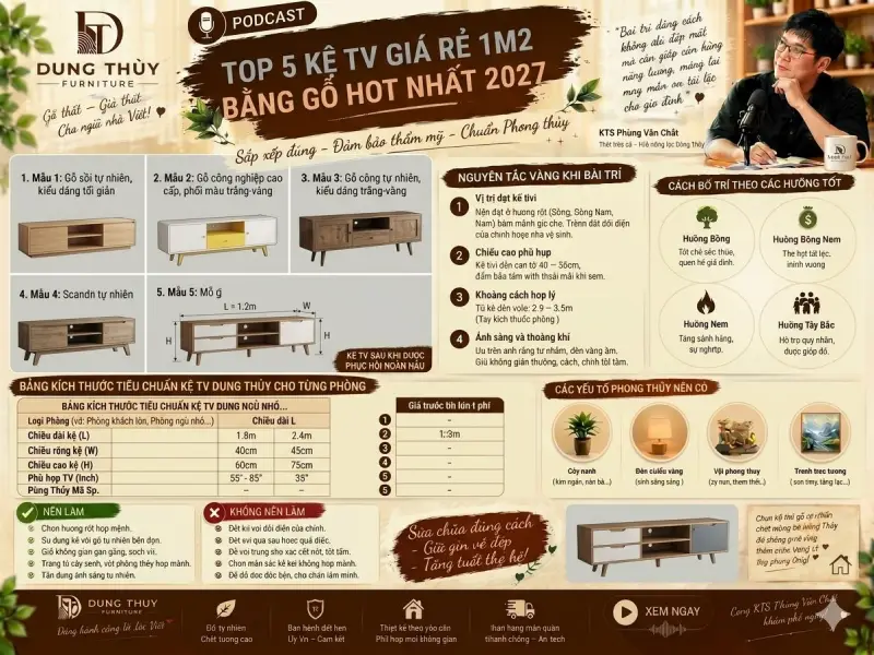 Top 5 kệ để tivi bằng gỗ dài 1m2 giá rẻ năm 2027