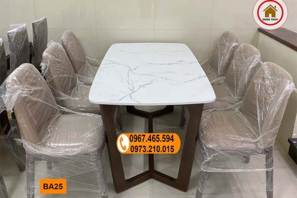 Bàn ăn 6 ghế hình bầu dục mặt đá nhân tạo gỗ sồi Nga BA25
