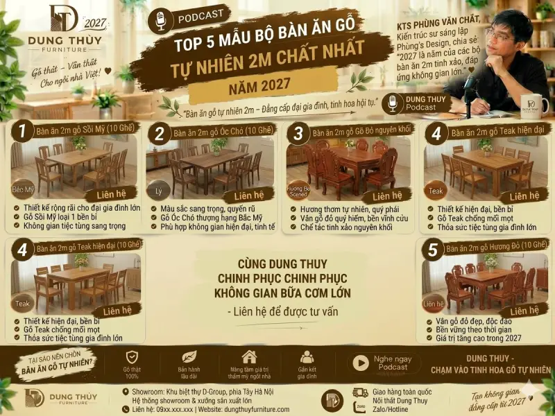 bộ bàn ăn bằng gỗ tự nhiên 2m