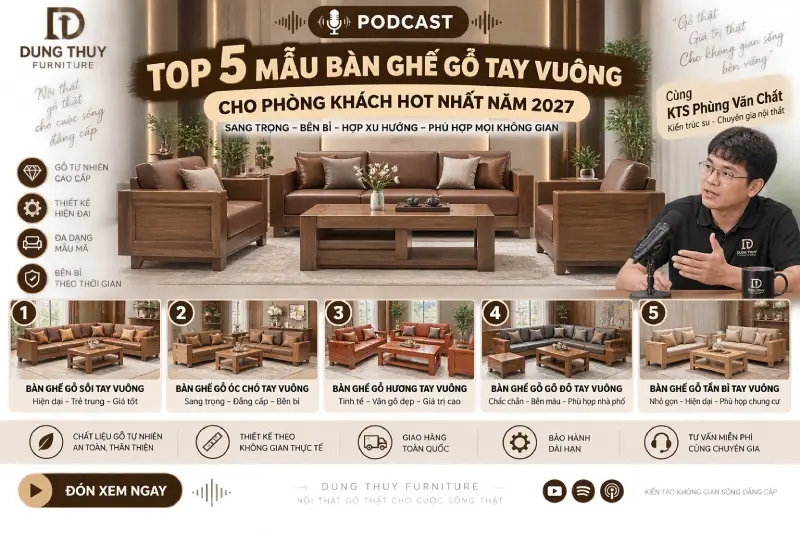 mẫu bàn ghế gỗ tay vuông cho phòng khách