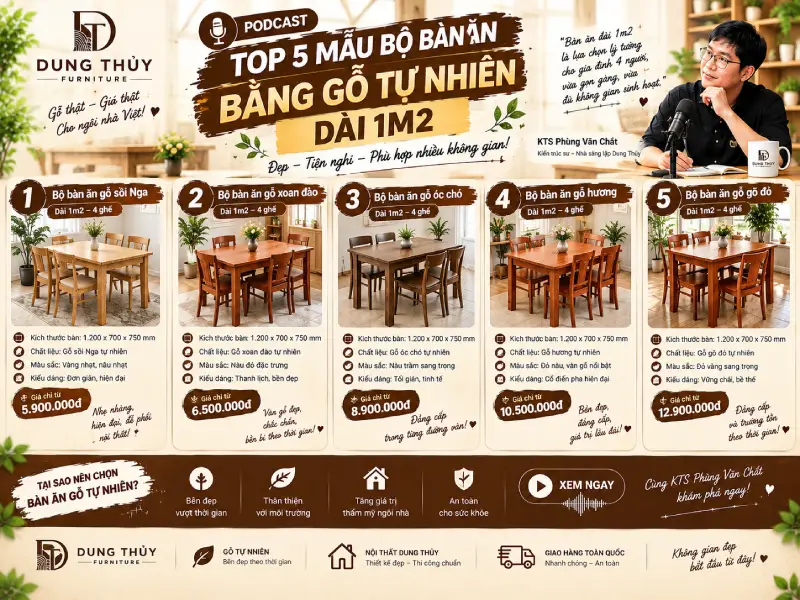 mẫu bộ bàn ăn bằng gỗ tự nhiên dài 1m2