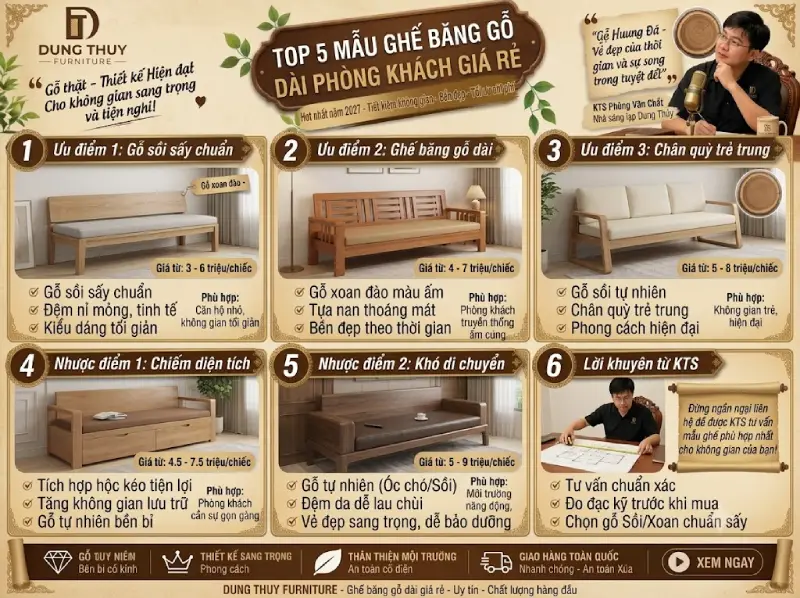 mẫu ghế băng gỗ dài phòng khách giá rẻ