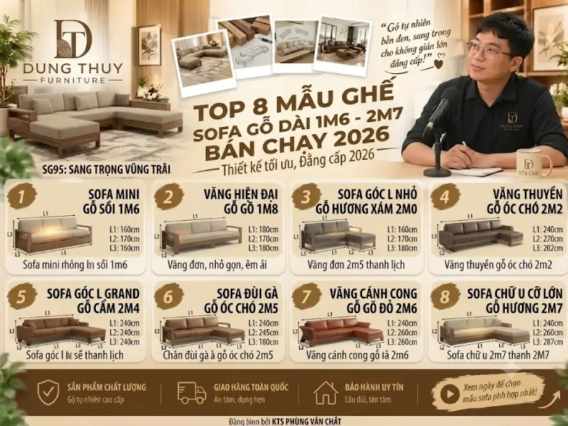 mẫu ghế sofa gỗ dài 1m6 - 1m8 - 2m - 2m4 - 2m7