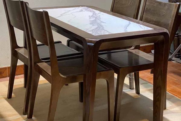 Bộ bàn ăn 4 ghế gỗ sồi Nga mặt đá nhân tạo hình chữ nhật BA26