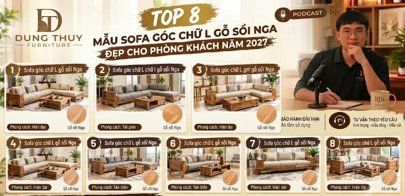 mẫu sofa góc chữ L gỗ sồi cho phòng khách