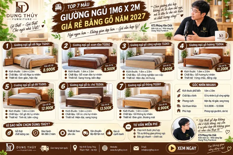 mẫu giường ngủ 1m6x2m giá rẻ bằng gỗ