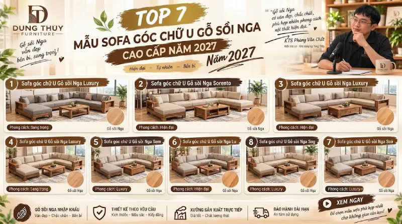 sofa phòng khách gỗ sồi góc chữ U cao cấp
