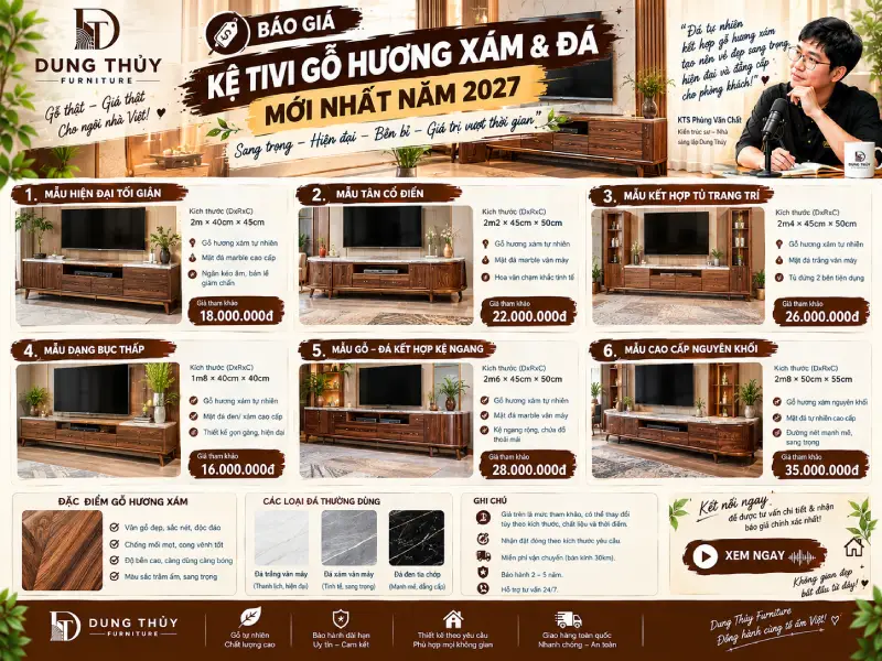 Báo giá kệ tivi gỗ hương xám & đá mới nhất năm 2027