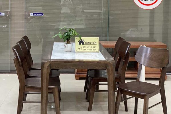 Bàn ăn chân thỏ mặt đá 6 ghế tai voi gỗ sồi Nga BA29