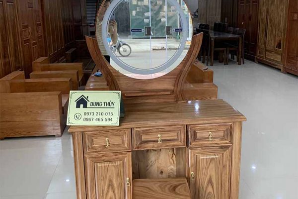 Bàn phấn trang điểm nghệ thuật dạng gương tròn gỗ hương xám TD10
