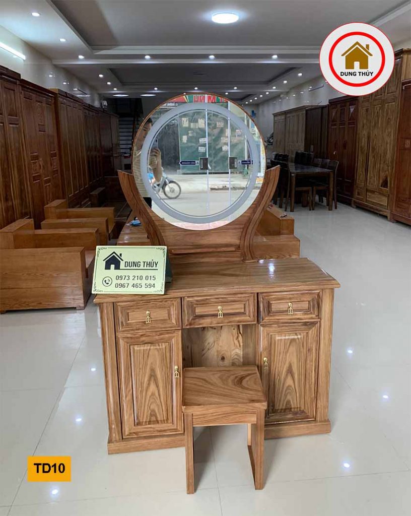 Bàn phấn trang điểm nghệ thuật dạng gương tròn gỗ hương xám TD10