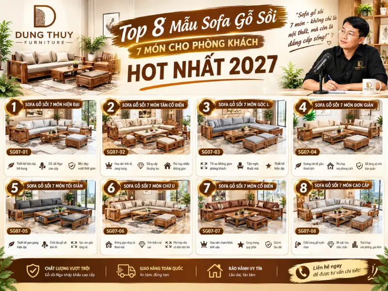 sofa gỗ sồi 7 món cho phòng khách