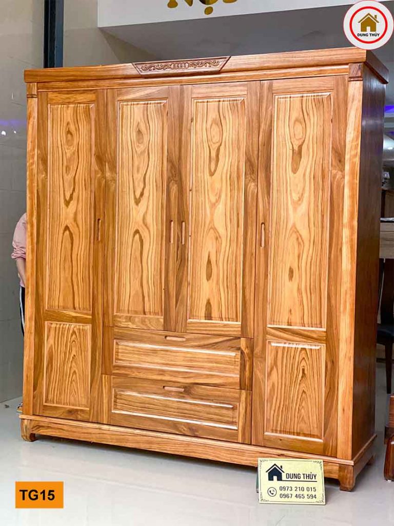 Tủ quần áo 4 cánh 3 buồng gỗ hương xám vàng TG15