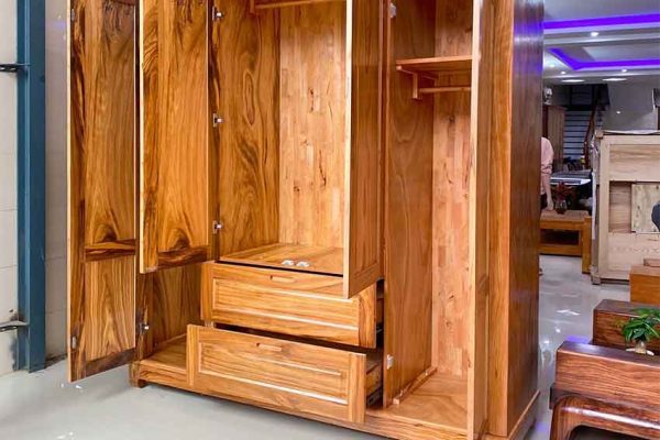 Tủ quần áo 4 cánh 3 buồng gỗ hương xám vàng TG15