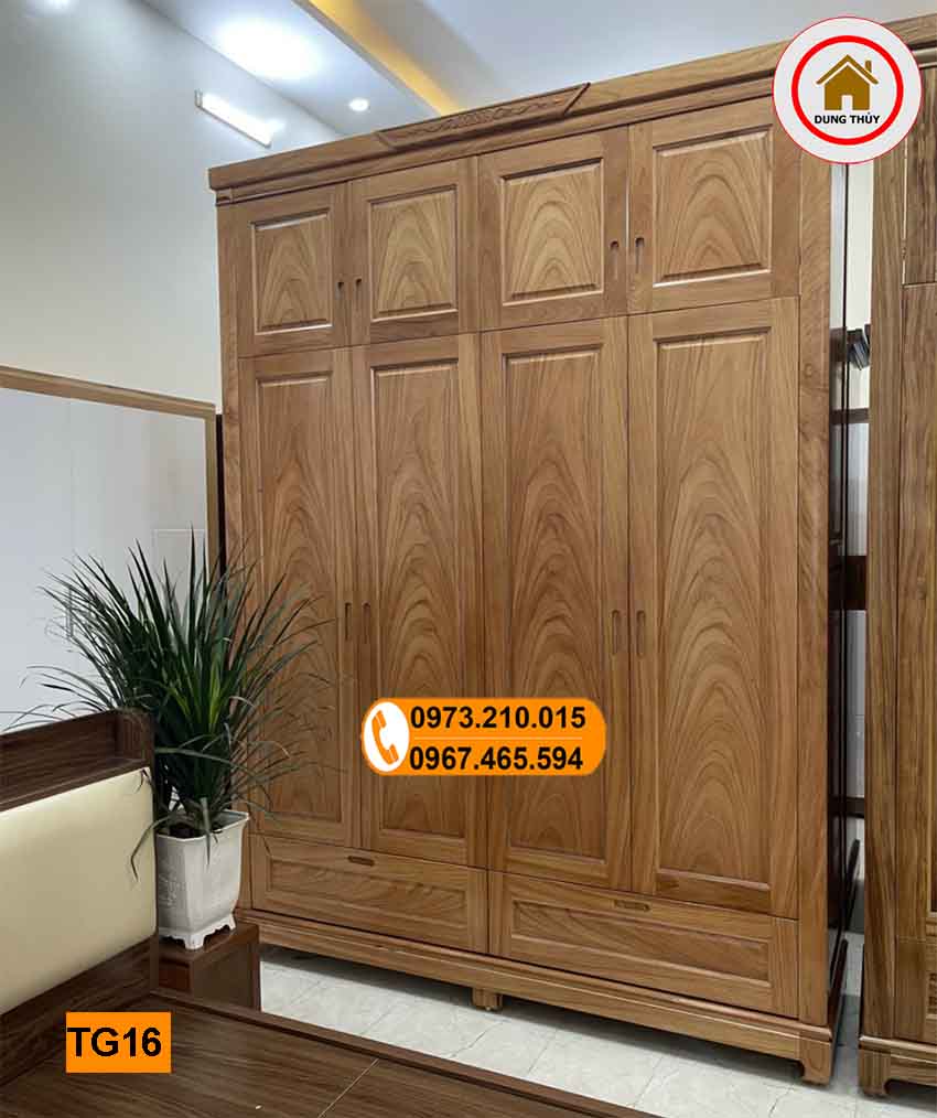 Tủ đựng quần áo 4 cánh kịch trần gỗ gõ đỏ TG16