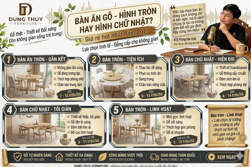 Chọn mua bàn ăn gỗ hình tròn hay hình chữ nhật