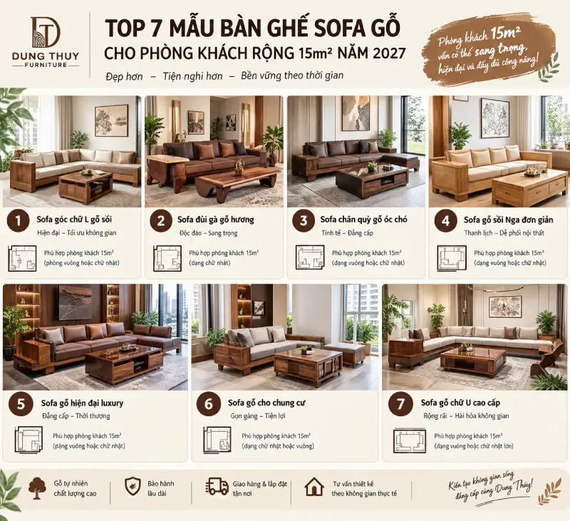 Top 7 mẫu bàn ghế sofa gỗ cho phòng khách rộng 15m2 năm 2027