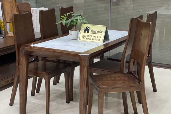 Bàn ăn mặt đá hình chữ nhật 6 ghế gỗ sồi Nga BA30