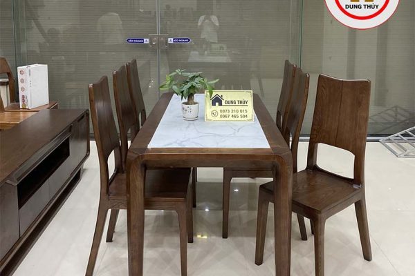 Bàn ăn mặt đá hình chữ nhật 6 ghế gỗ sồi Nga BA30