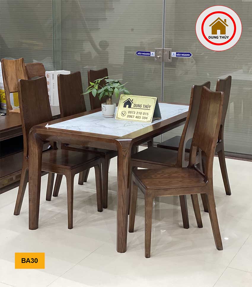 Bàn ăn mặt đá hình chữ nhật 6 ghế gỗ sồi Nga BA30