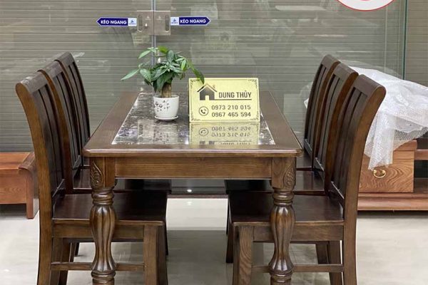 Bàn ăn mặt đá hình chữ nhật 6 ghế lá khế gỗ sồi Nga BA30