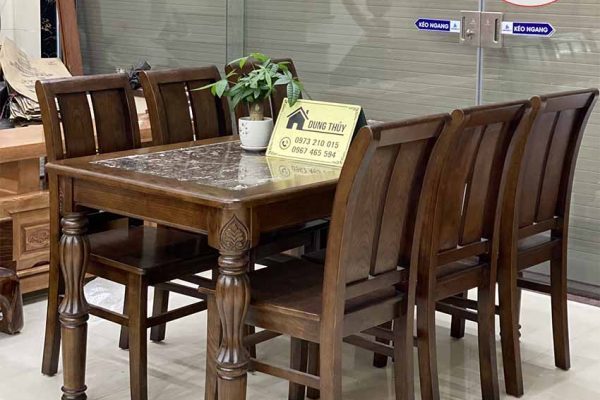 Bàn ăn mặt đá hình chữ nhật 6 ghế lá khế gỗ sồi Nga BA30